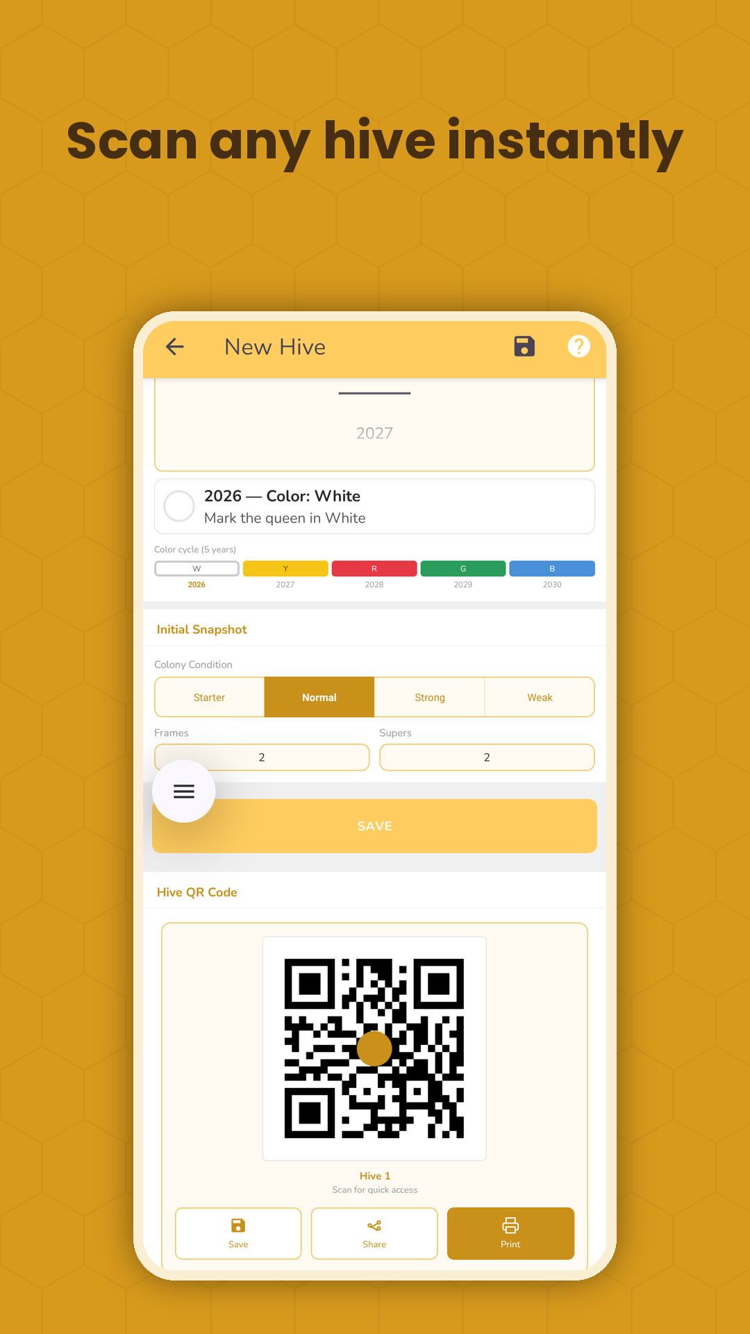 Bee Manager — new hive form with QR code